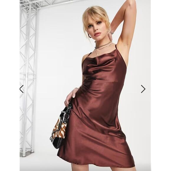Flounce London Satin Cowl Neck Mini Slip Dress In Chocolate Brown Womens Size 6 - Picture 1 of 11